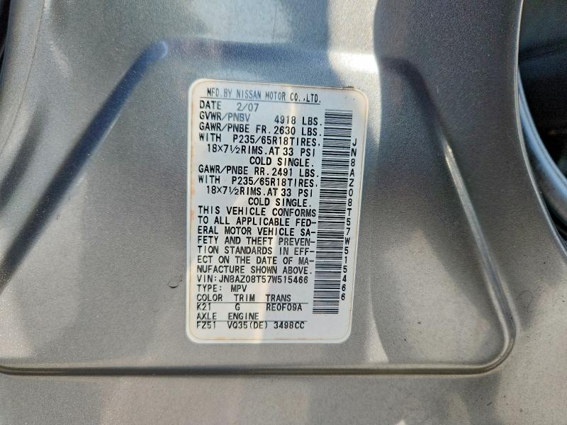 2007 Nissan Murano მანქანა იყიდება აუქციონზე, vin: JN8AZ08T57W515466, აუქციონის ნომერი: 68750426
