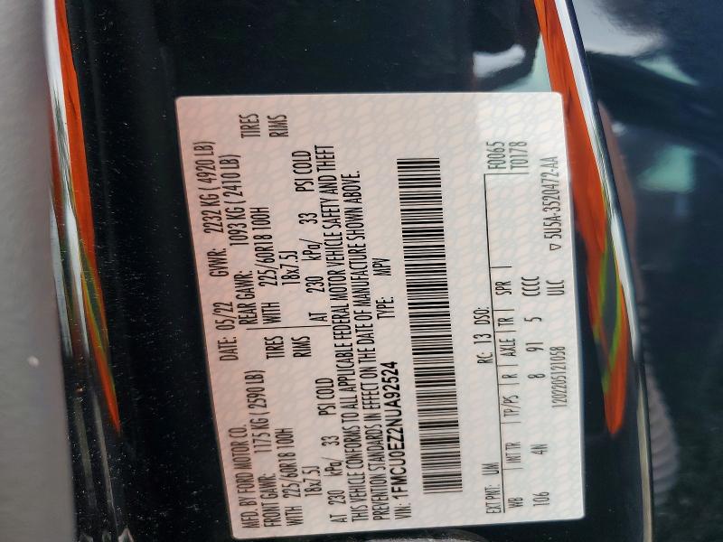 69520566 :رقم المزاد ، 1FMCU0EZ2NUA92524 vin ، 2022 Ford Escape مزاد بيع