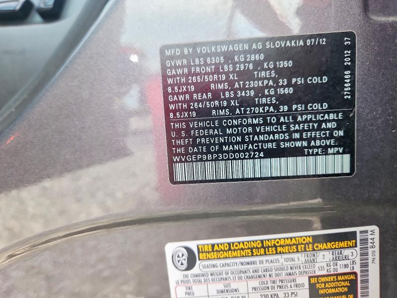 Aukcja sprzedaży 2013 Volkswagen Touareg, vin: WVGEP9BP3DD002724, numer aukcji: 68003846