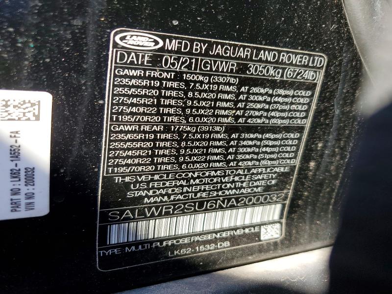 Продажа на аукционе авто 2022 Land Rover Range Rover Sport, vin: SALWR2SU6NA200032        , номер лота: 68502726