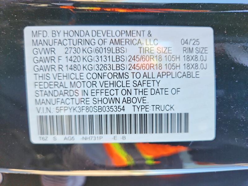 Продажа на аукционе авто 2025 Honda Ridgeline, vin: 5FPYK3F80SB035354, номер лота: 67666276