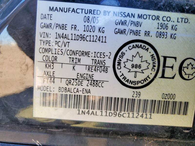 Aukcja sprzedaży 2006 Nissan Altima, vin: 1N4AL11D96C112411, numer aukcji: 69500606