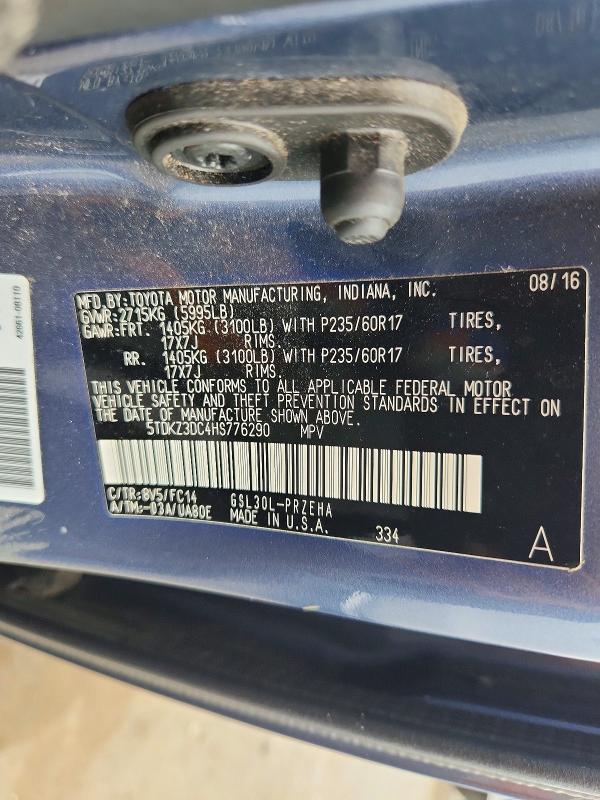 Aukcja sprzedaży 2017 Toyota Sienna, vin: 5TDKZ3DC4HS776290, numer aukcji: 70018216
