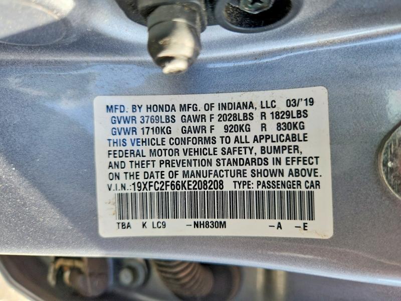 69628726 :رقم المزاد ، 19XFC2F66KE208208 vin ، 2019 Honda Civic مزاد بيع