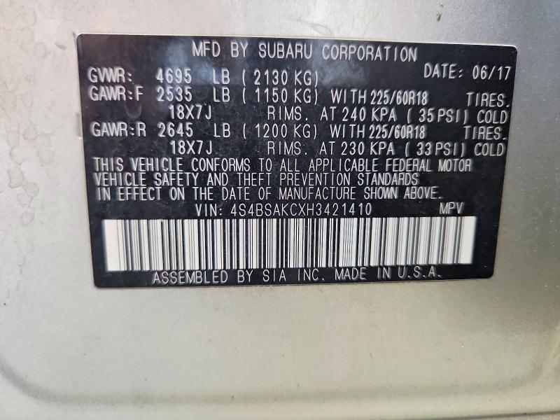 Aukcja sprzedaży 2017 Subaru Outback, vin: 4S4BSAKCXH3421410, numer aukcji: 68628706