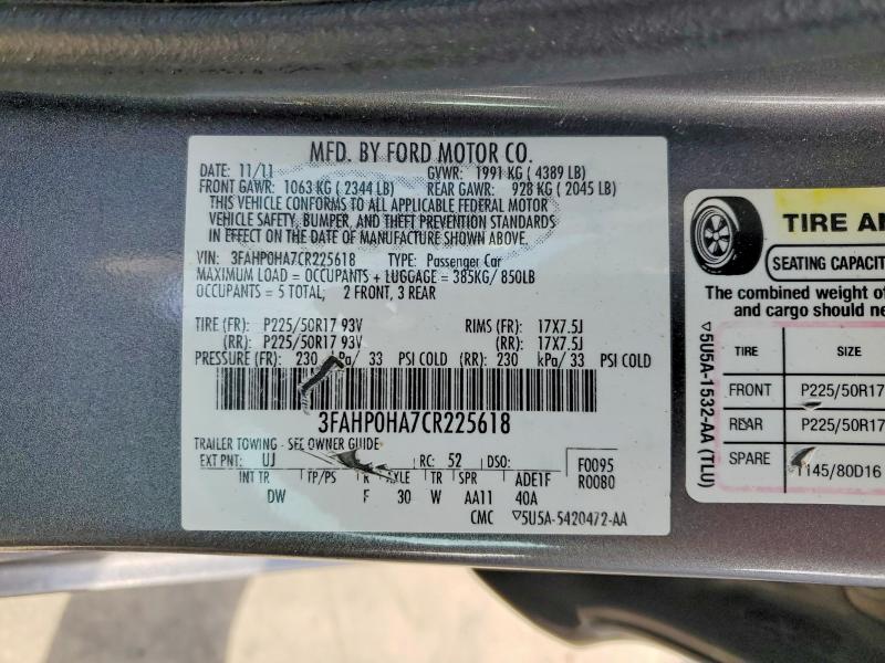 Продаж на аукціоні авто 2012 Ford Fusion, vin: 3FAHP0HA7CR225618, номер лоту: 69407666