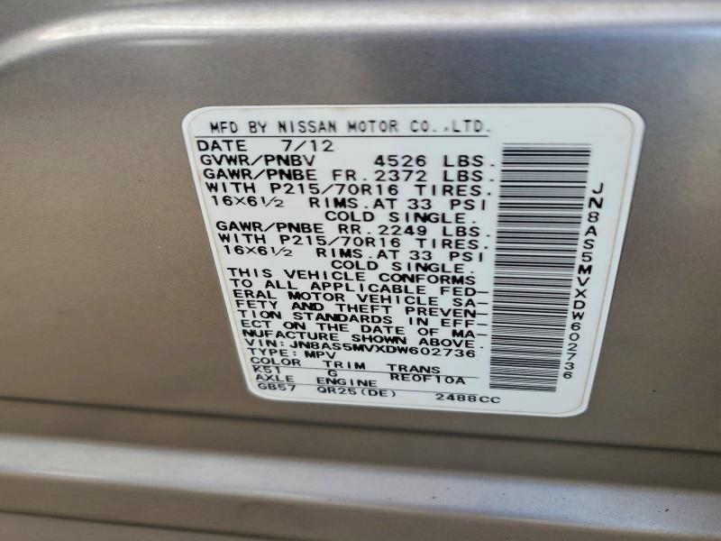 2013 Nissan Rogue მანქანა იყიდება აუქციონზე, vin: JN8AS5MVXDW602736, აუქციონის ნომერი: 69852466