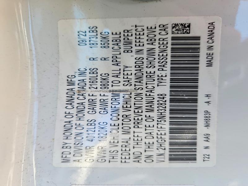Продаж на аукціоні авто 2022 Honda Civic, vin: 2HGFE1F75NH328248, номер лоту: 68290696