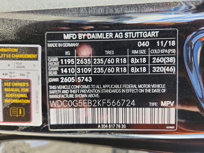 Aukcja sprzedaży 2019 Mercedes-benz Glc, vin: WDC0G5EB2KF566724, numer aukcji: 68321596