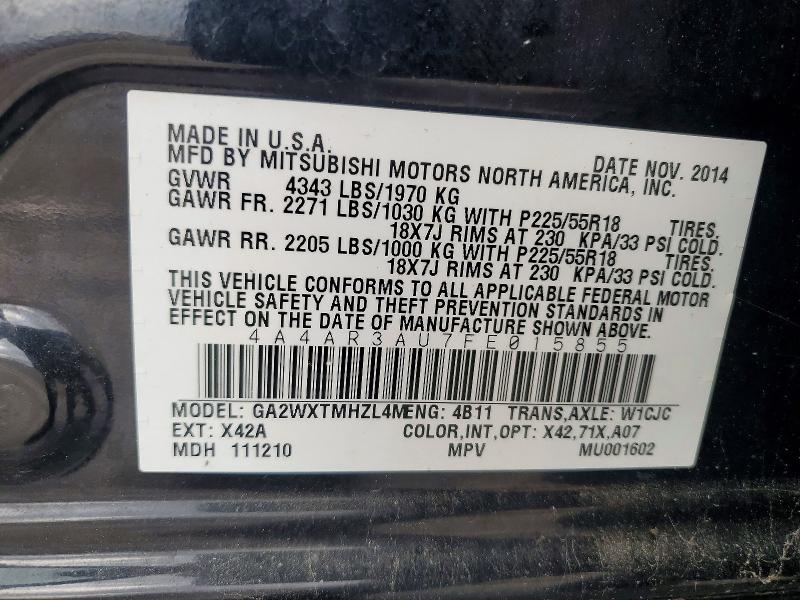 2015 Mitsubishi Outlander Sport მანქანა იყიდება აუქციონზე, vin: 4A4AR3AU7FE015855, აუქციონის ნომერი: 69125376