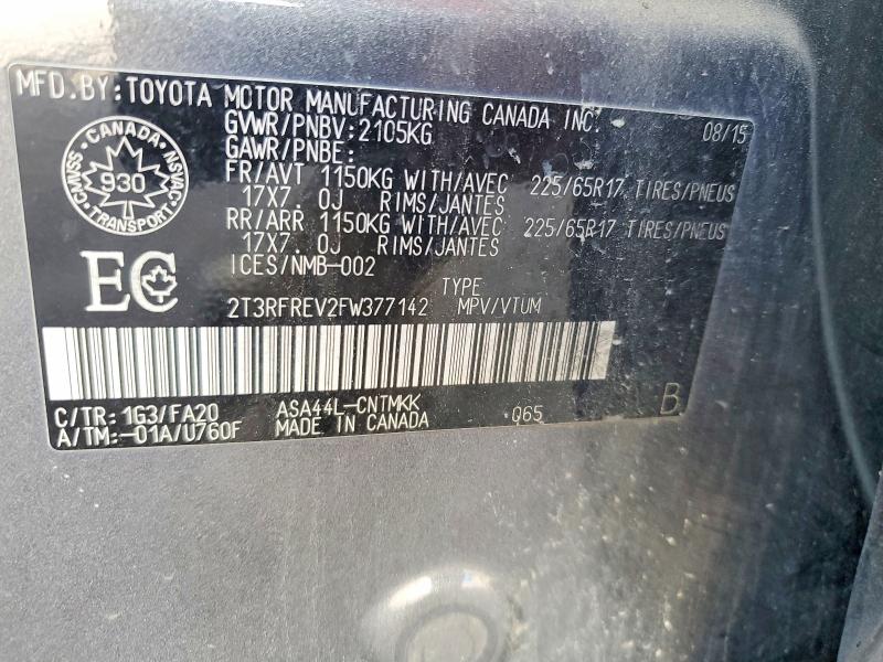 Aukcja sprzedaży 2015 Toyota Rav4, vin: 2T3RFREV2FW377142, numer aukcji: 69769856