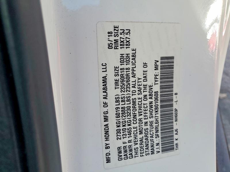 2019 Honda Odyssey მანქანა იყიდება აუქციონზე, vin: 5FNRL6H71KB010608, აუქციონის ნომერი: 67755516