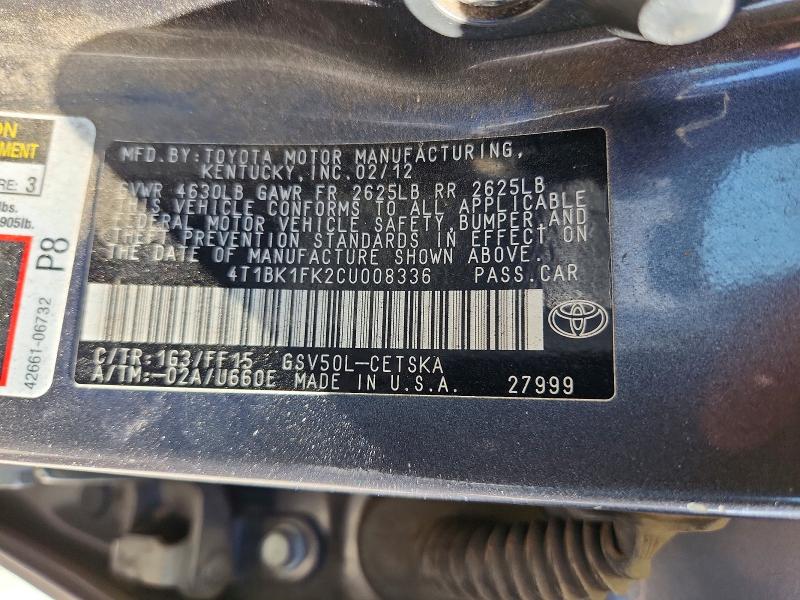 Aukcja sprzedaży 2012 Toyota Camry, vin: 4T1BK1FK2CU008336, numer aukcji: 68571956