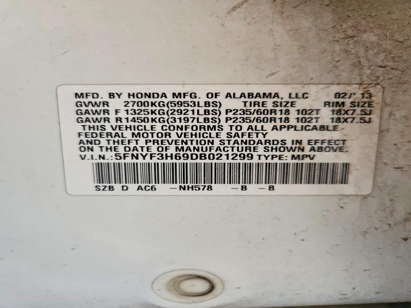 Продаж на аукціоні авто 2013 Honda Pilot, vin: 5FNYF3H69DB021299, номер лоту: 67172616