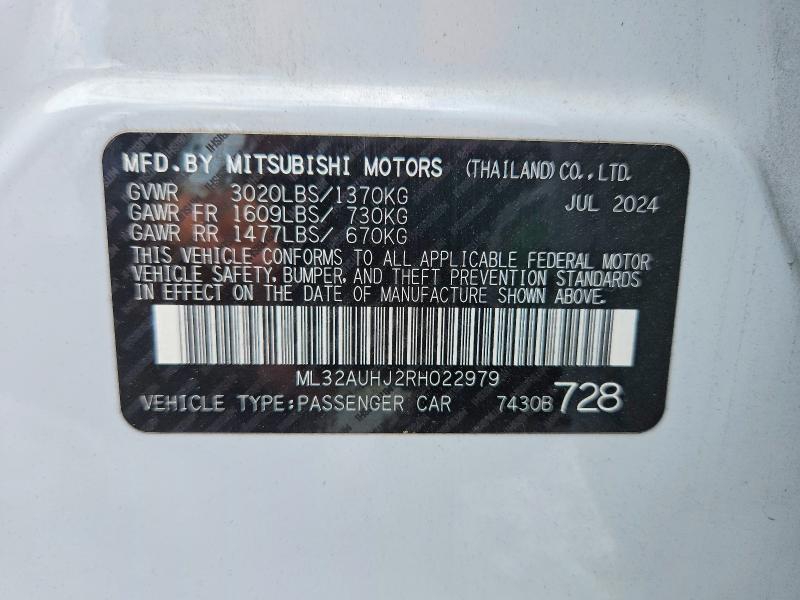 Aukcja sprzedaży 2024 Mitsubishi Mirage, vin: ML32AUHJ2RH022979, numer aukcji: 69803406