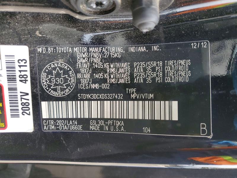 Aukcja sprzedaży 2013 Toyota Sienna, vin: 5TDYK3DCXDS327432, numer aukcji: 68678906
