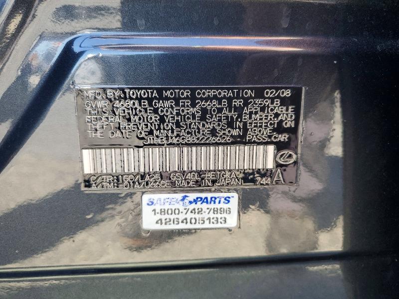 2008 Lexus Es მანქანა იყიდება აუქციონზე, vin: JTHBJ46G882226626, აუქციონის ნომერი: 68185846