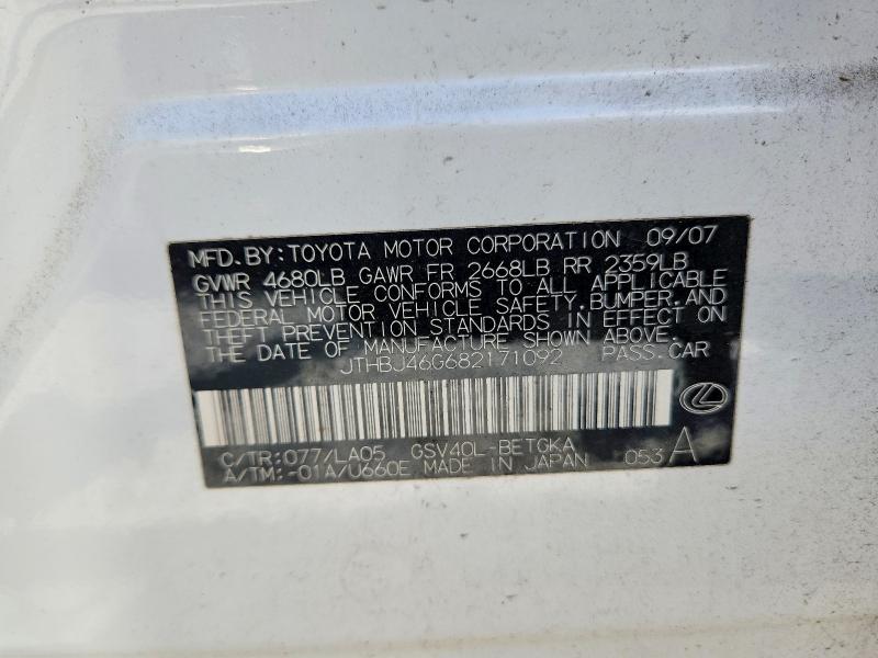 Aukcja sprzedaży 2008 Lexus Es, vin: JTHBJ46G682171092, numer aukcji: 69333266