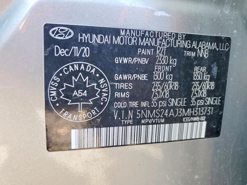 Aukcja sprzedaży 2021 Hyundai Santa Fe, vin: 5NMS24AJ3MH313731, numer aukcji: 69909216