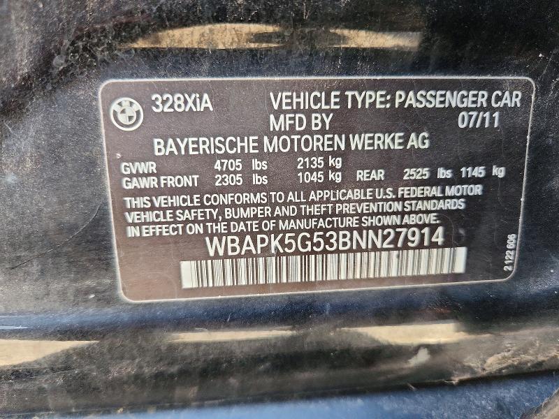 2011 Bmw 328 მანქანა იყიდება აუქციონზე, vin: WBAPK5G53BNN27914, აუქციონის ნომერი: 67627046