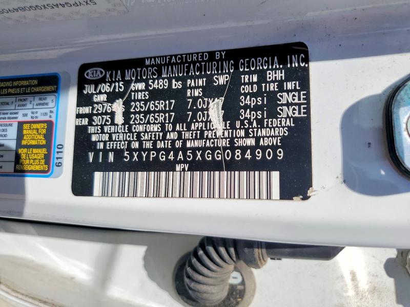 69178476 :رقم المزاد ، 5XYPG4A5XGG084909 vin ، 2016 Kia Sorento مزاد بيع