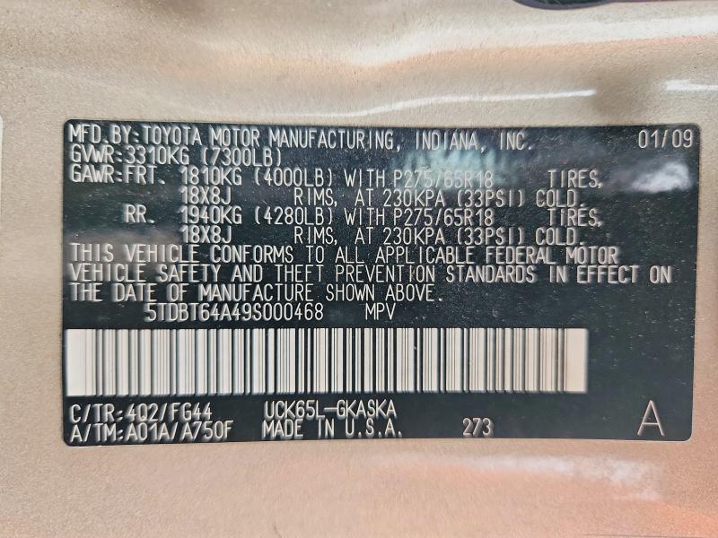 Продаж на аукціоні авто 2009 Toyota Sequoia, vin: 5TDBT64A49S000468, номер лоту: 69696086