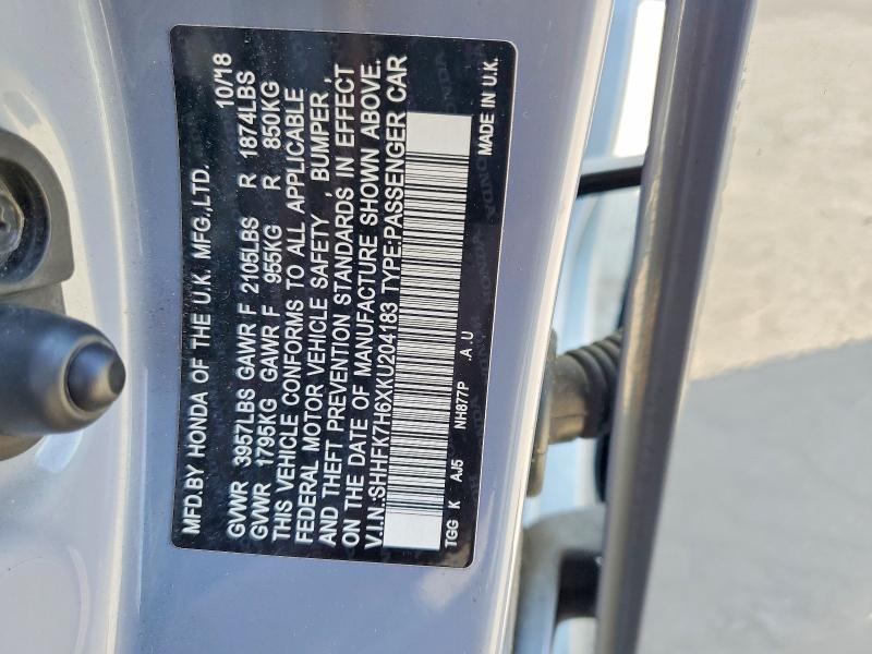 Aukcja sprzedaży 2019 Honda Civic, vin: SHHFK7H6XKU204183, numer aukcji: 69324106