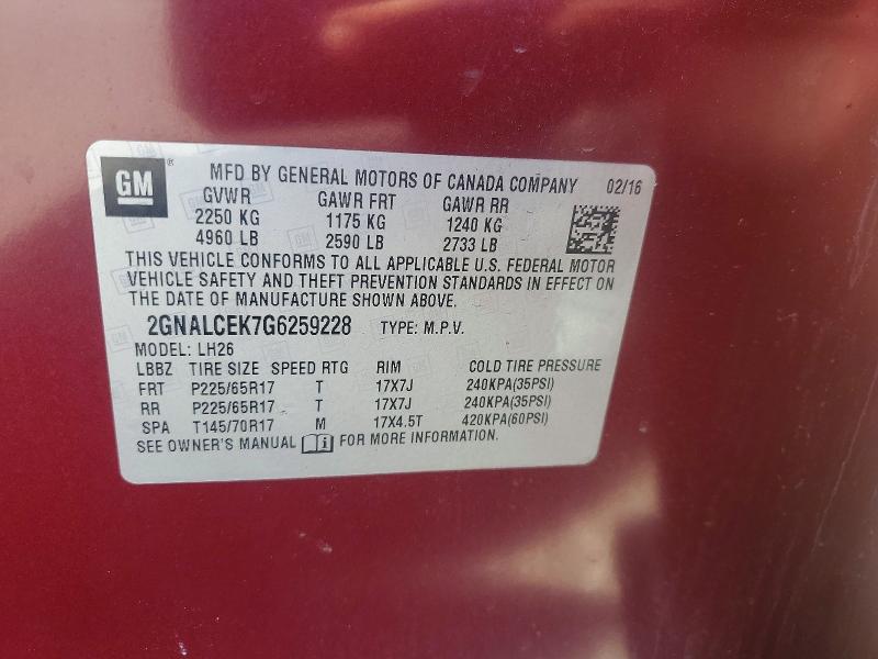 70537086 :رقم المزاد ، 2GNALCEK7G6259228 vin ، 2016 Chevrolet Equinox مزاد بيع