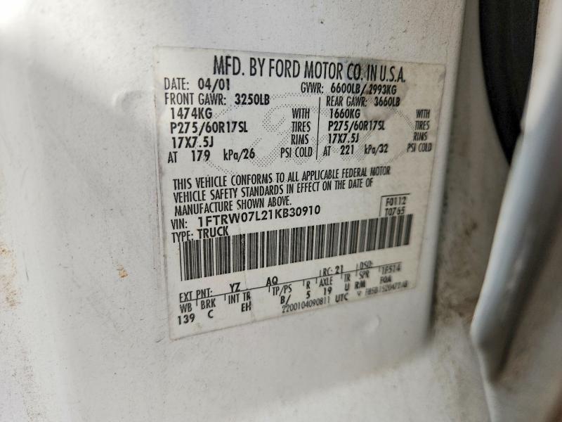 2001 Ford F150 მანქანა იყიდება აუქციონზე, vin: 1FTRW07L21KB30910, აუქციონის ნომერი: 69304826