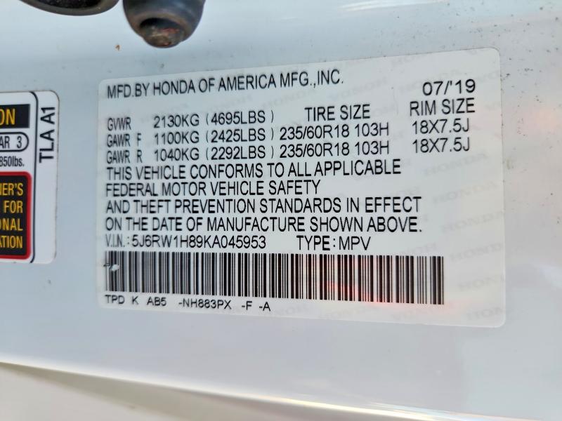 67160216 :رقم المزاد ، 5J6RW1H89KA045953 vin ، 2019 Honda Cr-v مزاد بيع