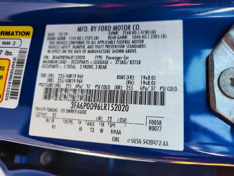 2020 Ford Fusion მანქანა იყიდება აუქციონზე, vin: 3FA6P0D96LR152020, აუქციონის ნომერი: 69367746