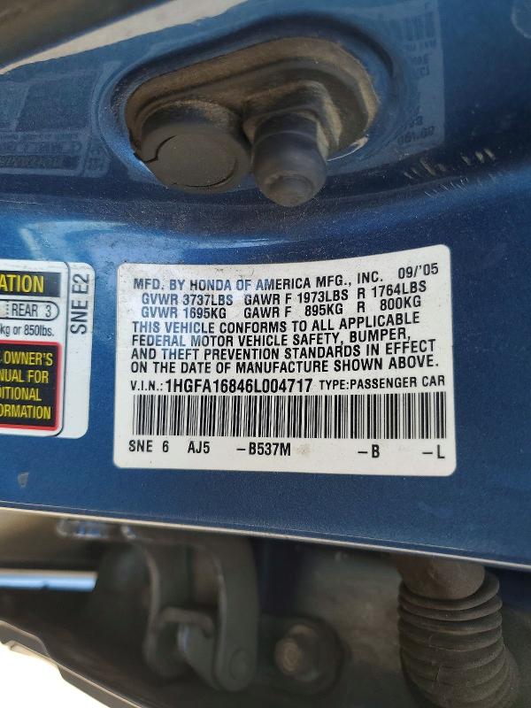 2006 Honda Civic მანქანა იყიდება აუქციონზე, vin: 1HGFA16846L004717, აუქციონის ნომერი: 69050026