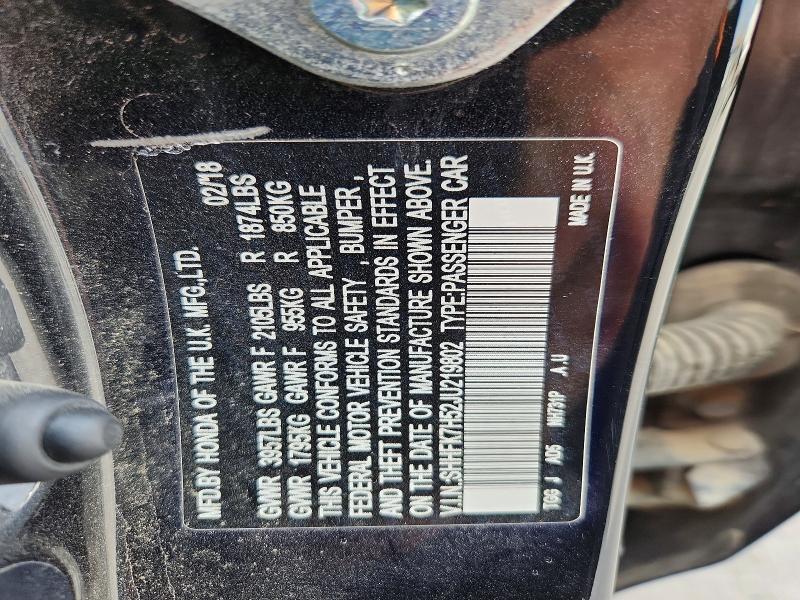 2018 Honda Civic მანქანა იყიდება აუქციონზე, vin: SHHFK7H52JU219802, აუქციონის ნომერი: 70709526