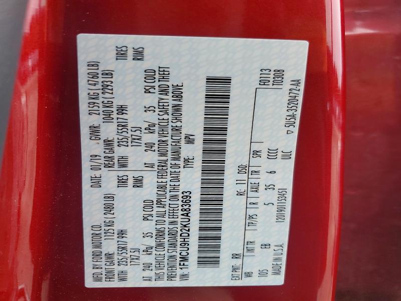 2019 Ford Escape მანქანა იყიდება აუქციონზე, vin: 1FMCU9HD2KUA83693, აუქციონის ნომერი: 66888076
