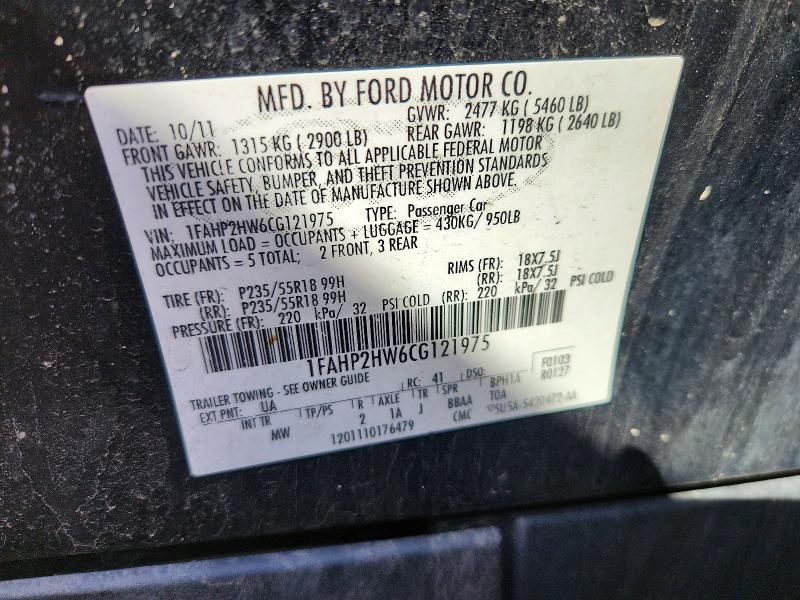 2012 Ford Taurus მანქანა იყიდება აუქციონზე, vin: 1FAHP2HW6CG121975, აუქციონის ნომერი: 68376786