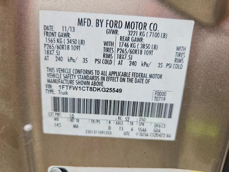 Продаж на аукціоні авто 2013 Ford F150, vin: 1FTFW1CT8DKG25549, номер лоту: 70407906