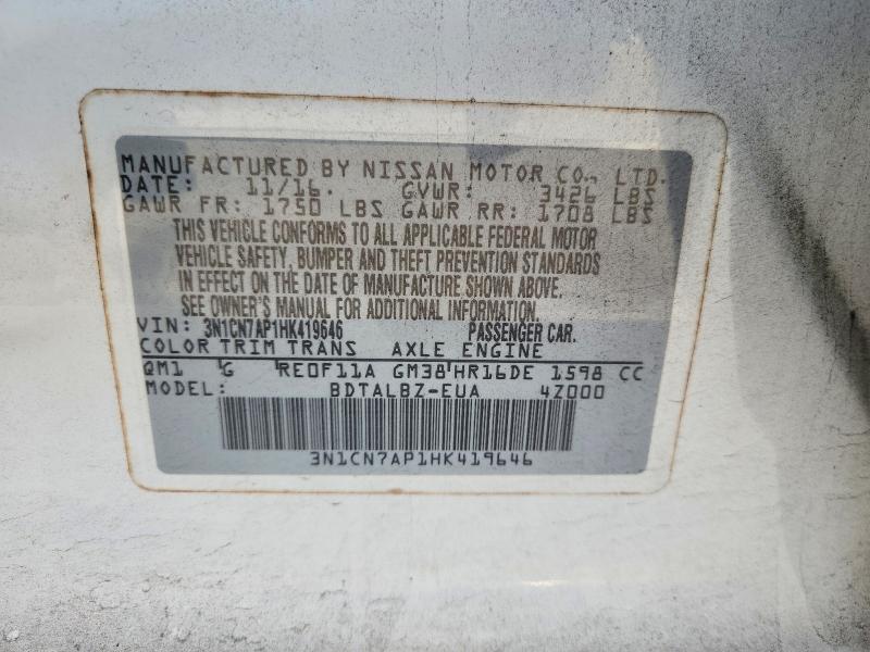 Продажа на аукционе авто 2017 Nissan Versa, vin: 3N1CN7AP1HK419646, номер лота: 67480666