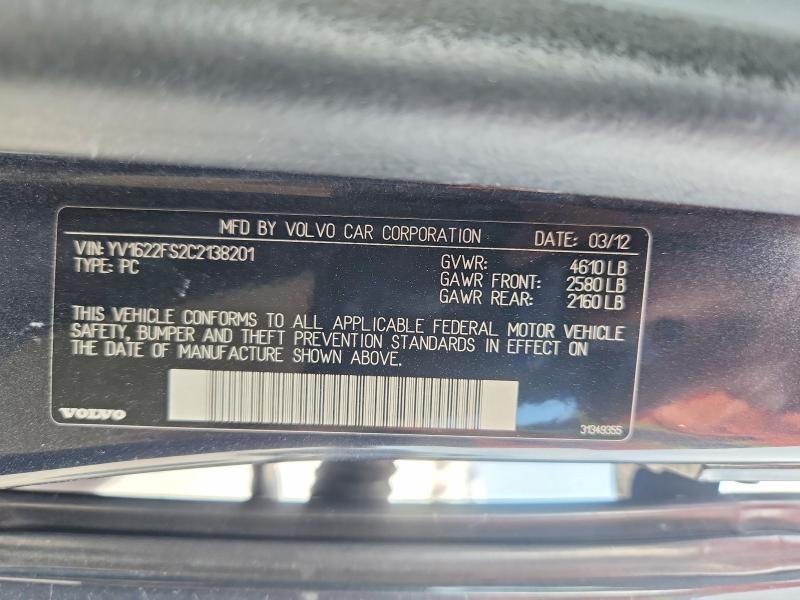68057986 :رقم المزاد ، YV1622FS2C2138201 vin ، 2012 Volvo S60 مزاد بيع