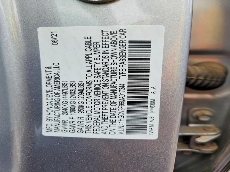 68064746 :رقم المزاد ، 1HGCV3F96MA017344 vin ، 2021 Honda Accord مزاد بيع