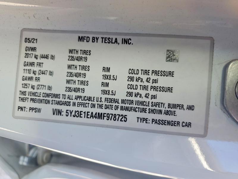 2021 Tesla Model 3 მანქანა იყიდება აუქციონზე, vin: 5YJ3E1EA4MF978725, აუქციონის ნომერი: 69918326