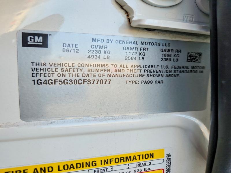 Продаж на аукціоні авто 2012 Buick Lacrosse, vin: 1G4GF5G30CF377077, номер лоту: 69245736