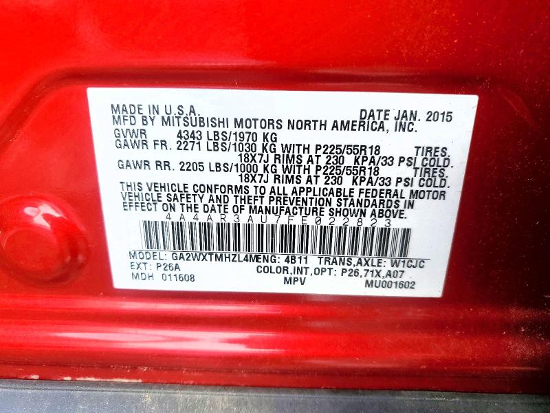 2015 Mitsubishi Outlander Sport მანქანა იყიდება აუქციონზე, vin: 4A4AR3AU7FE022823, აუქციონის ნომერი: 69579686