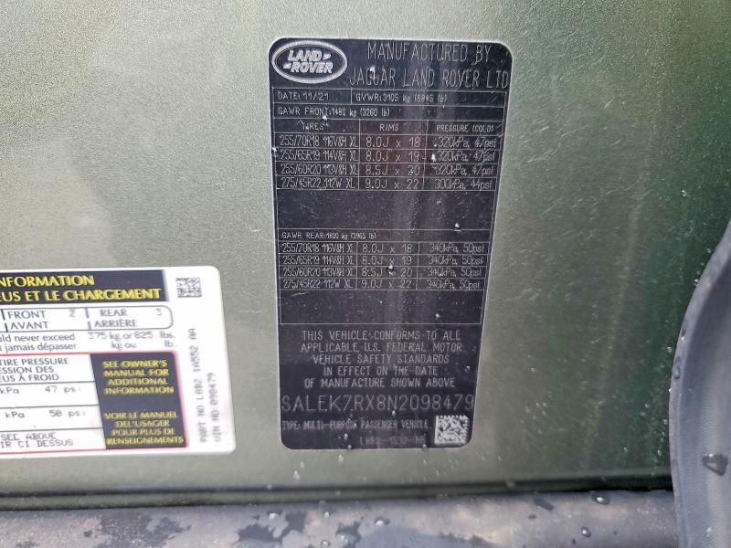 67642426 :رقم المزاد ، SALEK7RX8N2098479 vin ، 2022 Land Rover Defender مزاد بيع