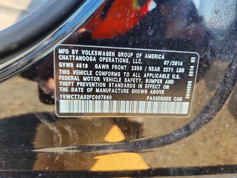 69090036 :رقم المزاد ، 1VWCT7A32FC007560 vin ، 2015 Volkswagen Passat مزاد بيع