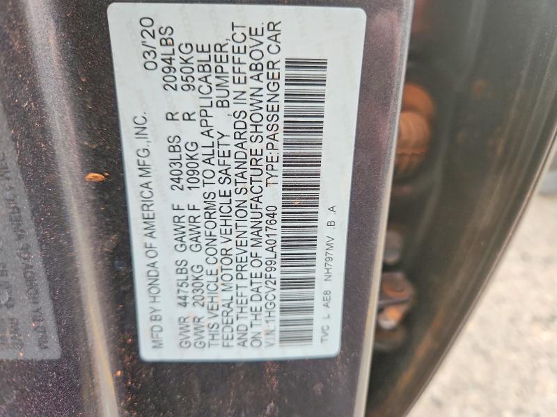 2020 Honda Accord მანქანა იყიდება აუქციონზე, vin: 1HGCV2F99LA017640, აუქციონის ნომერი: 70524176