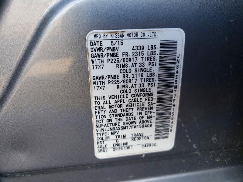 68493226 :رقم المزاد ، JN8AS5MT7FW158409 vin ، 2015 Nissan Rogue Select مزاد بيع