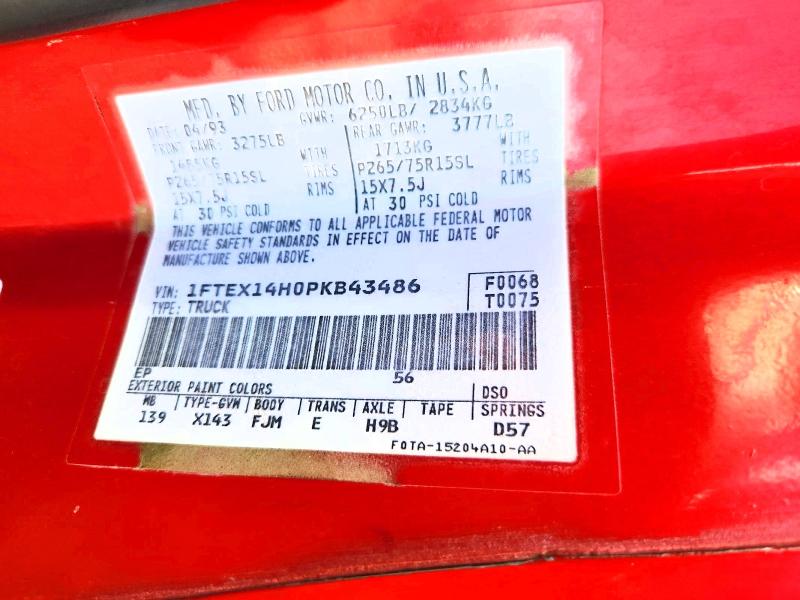 69230696 :رقم المزاد ، 1FTEX14H0PKB43486 vin ، 1993 Ford F150 مزاد بيع