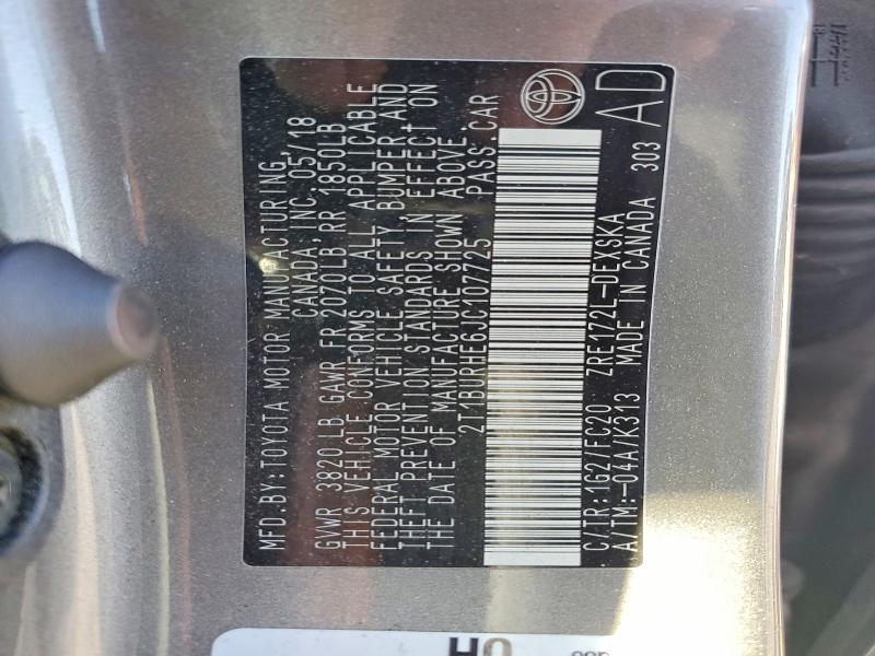 70359506 :رقم المزاد ، 2T1BURHE6JC107725 vin ، 2018 Toyota Corolla مزاد بيع