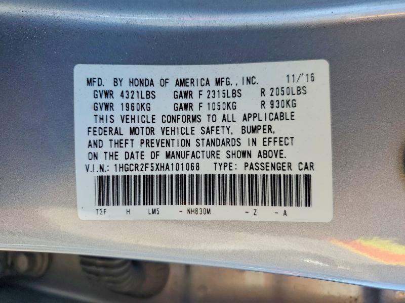 2017 Honda Accord მანქანა იყიდება აუქციონზე, vin: 1HGCR2F5XHA101068, აუქციონის ნომერი: 67562196