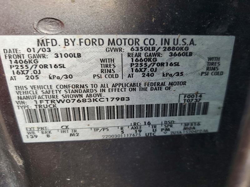 Auction sale of the 2003 Ford F150, vin: 1FTRW07683KC17983, lot number: 68563186